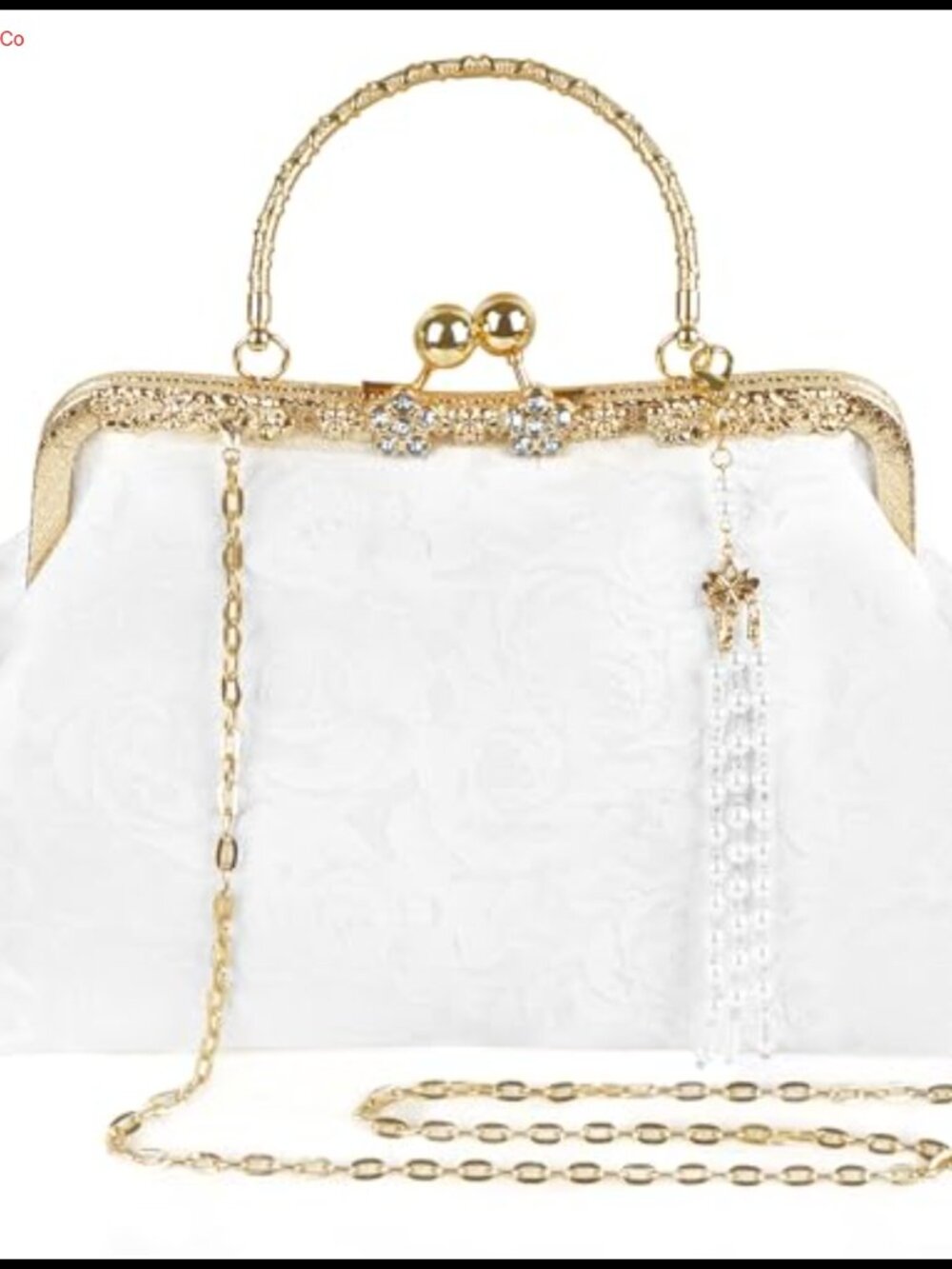 Satin Jacquard Floral Kiss Lock Evening Bag Clutch with Pearl Tassel